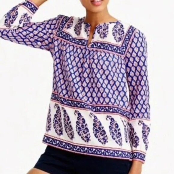 J.Crew French Country Peasant Red White Blue Paisley Top Boho Preppy Size XSmall - Picture 1 of 11